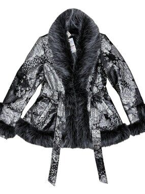NWT AKIRA Faux Fur Metallic Shiny Silver Asia Coat Jacket Womens Large